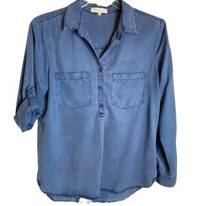 Side Stitch Women's M Blue Tencera Lyocell Chambray Popover Top Roll Tab Sleeve